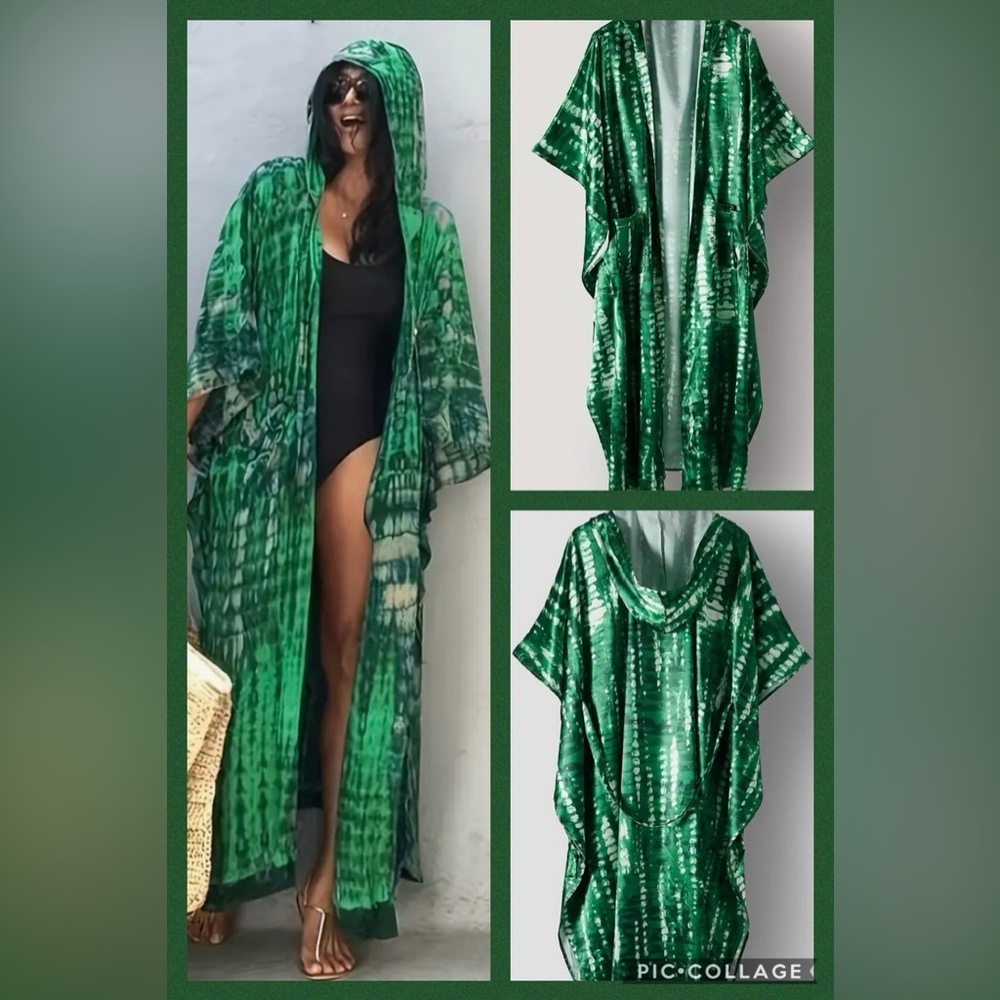 Women’s Tie Dye Hooded Beach Cover Up Kimono Dark Green / One-size NWOT